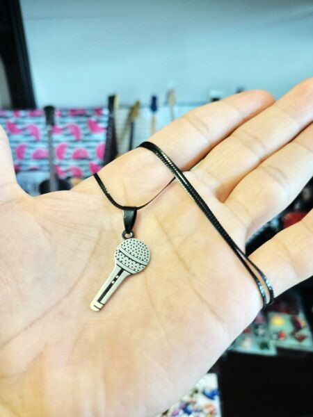 Şarkıcı Sunucu Ses Müzik Mikrofon  Gümüş Renk 316L Paslanmaz Çelik Figür Kolye