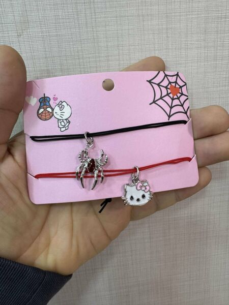 Hello Kitty Örümcek Adam İkili Çift Renkli Tasarım 925 Ayar Gümüş Kaplama Bileklik