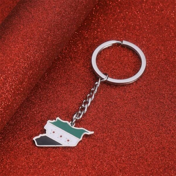 Suriye Haritası Bayrağı Metal Gümüş Anahtarlık