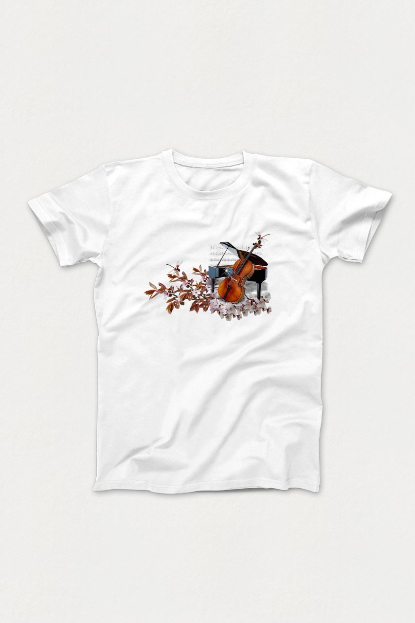 Keman Piyano Beyaz Tshirt Unisex L