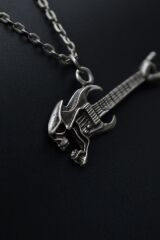 Kuru Kafa Elektro Gitar Erkek Kadın Kolye 925 Ayar Gümüş Kaplama - 60 Cm Düz Zincir