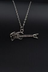 Kuru Kafa Elektro Gitar Erkek Kadın Kolye 925 Ayar Gümüş Kaplama - 60 Cm Düz Zincir