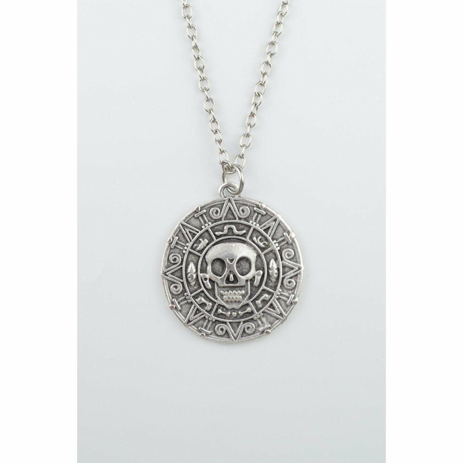 Karayip Korsanları Sikkesi - Parası Erkek Kadın Kolye Antik Gümüş Kaplama - 60 cm Düz Zincir