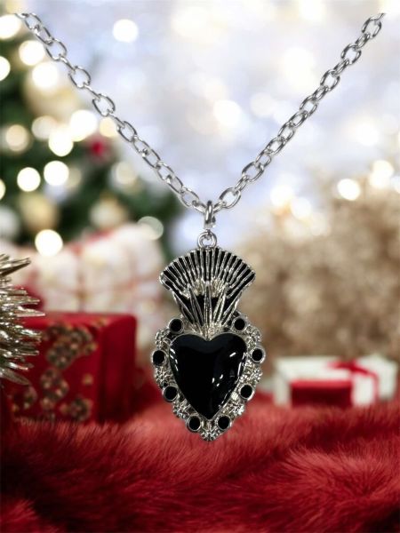 Gotik Siyah Kadın Kalp Taç Detaylı Kadın Kolye Antik Gümüş Kaplama 60 cm Zincir