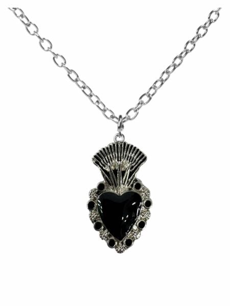 Gotik Siyah Kadın Kalp Taç Detaylı Kadın Kolye Antik Gümüş Kaplama 60 cm Zincir