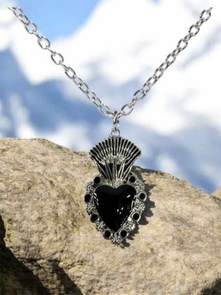 Gotik Siyah Kadın Kalp Taç Detaylı Kadın Kolye Antik Gümüş Kaplama 60 cm Zincir