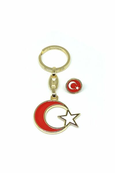 Ay Yıldız Rozet Anahtarlık Set Gold Renk Şık