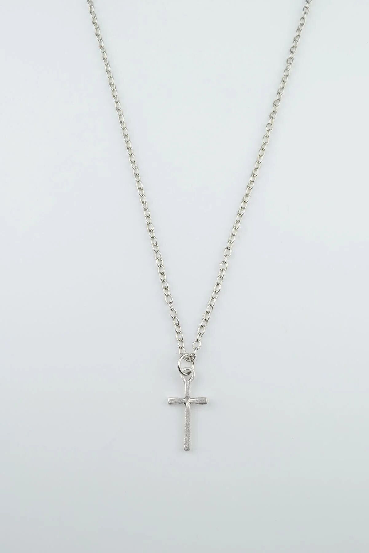Haç Kolye Erkek Kadın Antik Gümüş Kaplama 60 Cm Zincir