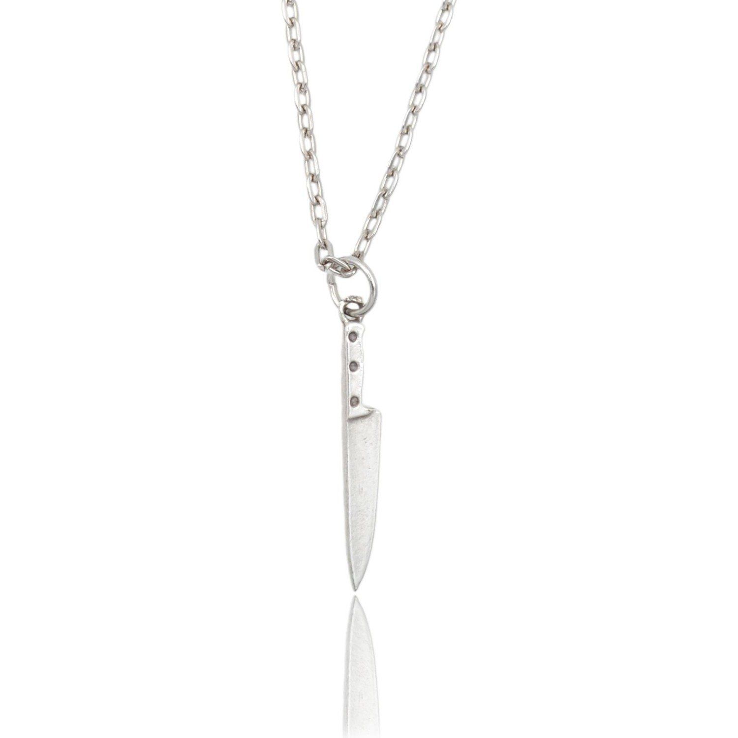 Gastronomi Temalı Bıçak Erkek Kadın Kolye Antik Gümüş Kaplama - 60 cm Düz Zincir