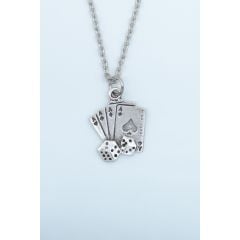 Full As Iskambil Destesi ve Zar Erkek Kadın Kolye Antik Gümüş Kaplama - 60 cm Düz Zincir