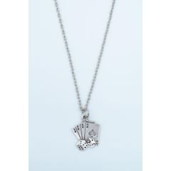 Full As Iskambil Destesi ve Zar Erkek Kadın Kolye Antik Gümüş Kaplama - 60 cm Düz Zincir