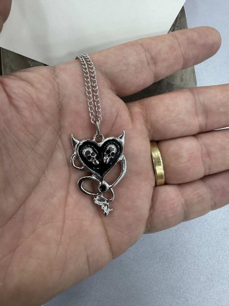 Gümüş Renk Zincirli Siyah Kuru Kafa Kalp Kolye
