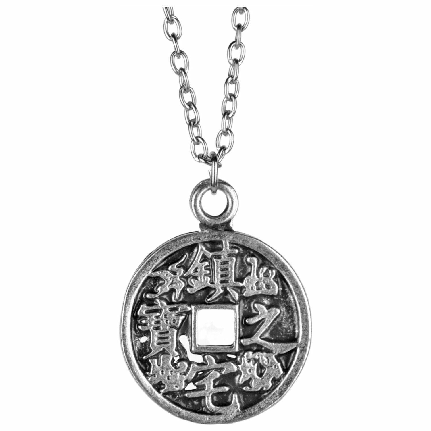 Çin Feng Shui Şans Parası Kolye Erkek Kadın Antik Gümüş Kaplama 60 cm Zincir