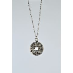 Çin Feng Shui Şans Parası Kolye Erkek Kadın Antik Gümüş Kaplama 60 cm Zincir