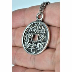 Çin Feng Shui Şans Parası Kolye Erkek Kadın Antik Gümüş Kaplama 60 cm Zincir