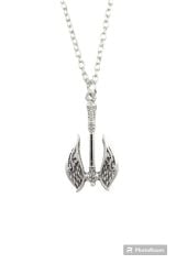 Çift Taraflı Desenli Balta - Double Axe Erkek Kadın Kolye Antik Gümüş Kaplama - 60 cm Düz Zincir