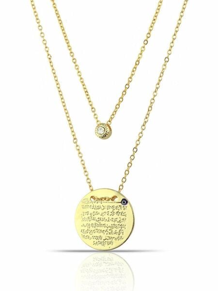 Ayet El Kürsi Gold Plaka Kolye 2 li Nazar Boncuk Detaylı Taşlı Gold Kadın Kolye