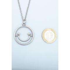 Büyük Gülen Surat - Smile Erkek Kadın Kolye Antik Gümüş Kaplama - 60 cm Düz Zincir