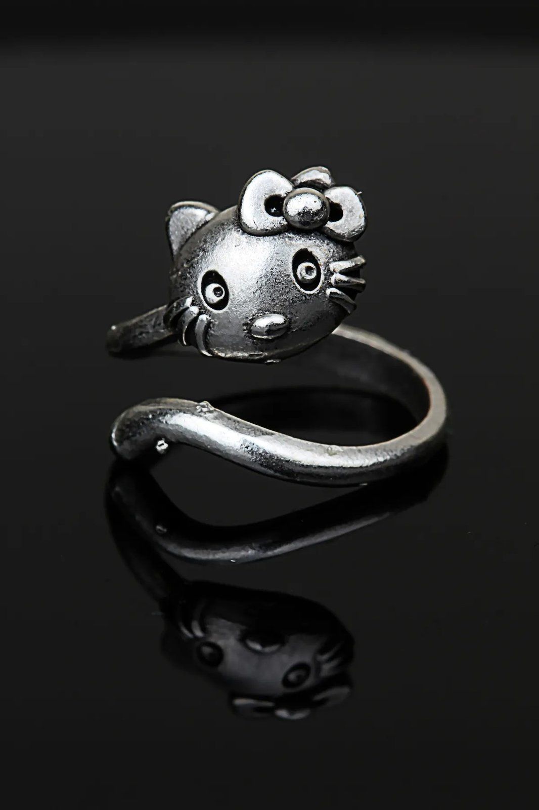 Hello Kitty Ayarlanabilir Alyans Yüzük Antik Oksit Gümüş Kaplama yüzük