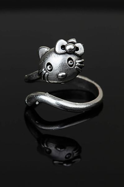 Hello Kitty Ayarlanabilir Alyans Yüzük Antik Oksit Gümüş Kaplama yüzük