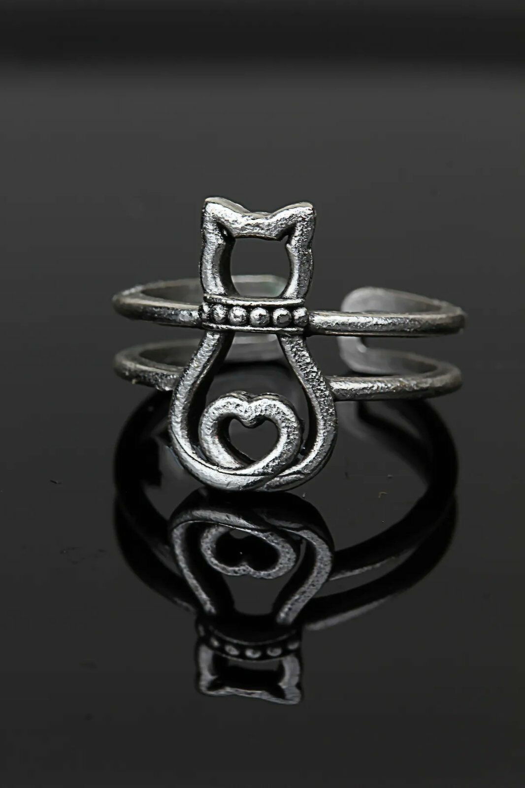 Kedi Ayarlanabilir Alyans Yüzük Antik Oksit Gümüş Kaplama yüzük