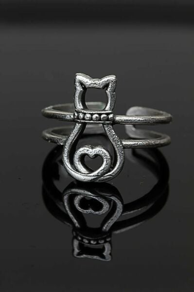 Kedi Ayarlanabilir Alyans Yüzük Antik Oksit Gümüş Kaplama yüzük