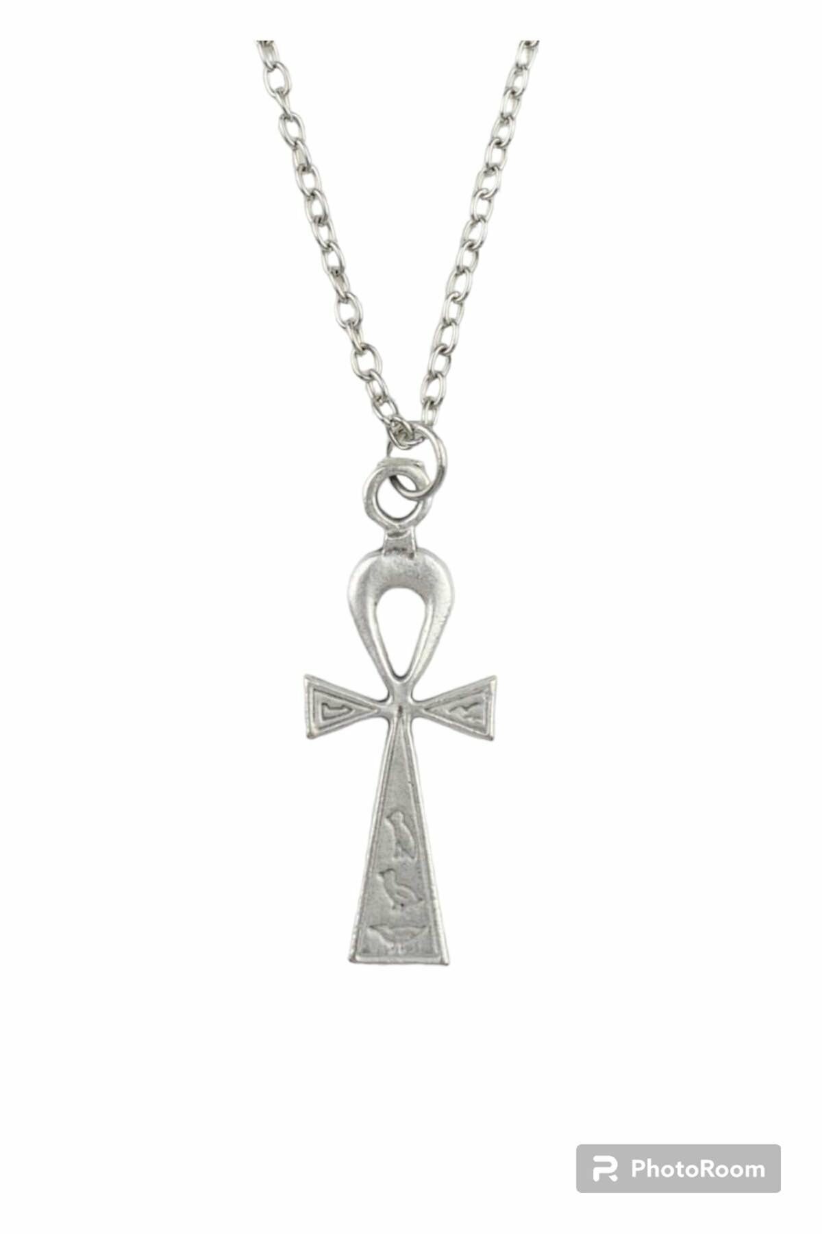 Ankh Anahtarı - Nil'in Anahtarı Erkek Kadın Kolye Antik Gümüş Kaplama - 60 cm Düz Zincir