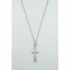 Ankh Anahtarı - Nil'in Anahtarı Erkek Kadın Kolye Antik Gümüş Kaplama - 60 cm Düz Zincir