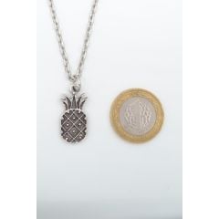 Ananas Erkek Kadın Kolye Antik Gümüş Kaplama - 60 cm Düz Zincir