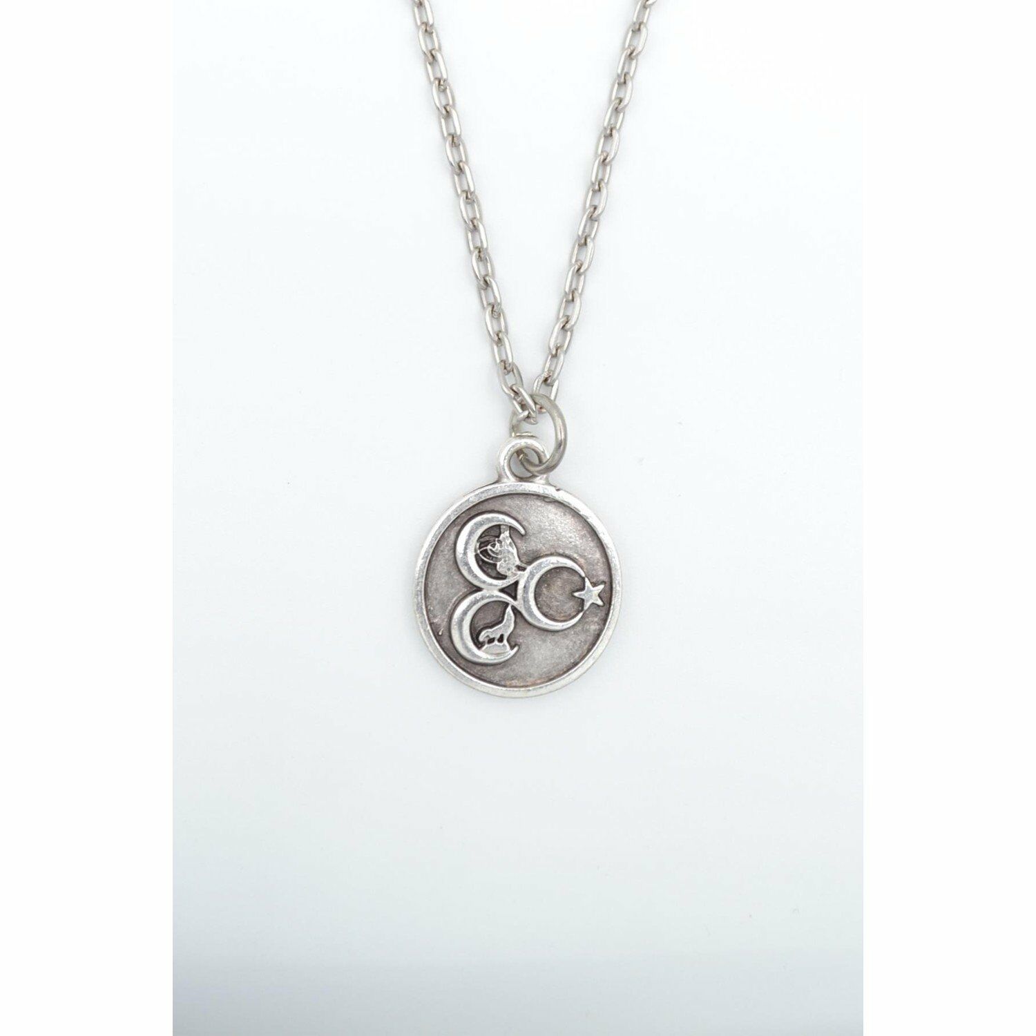 3 Hilal - Ay Yıldız - Kurt- Tuğra Madalyon Erkek Kadın Kolye Antik Gümüş Kaplama - 60 cm Düz Zincir