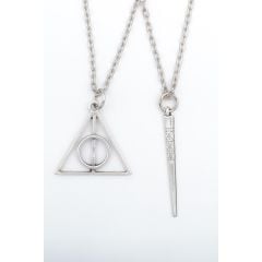 2'li Harry Potter Ölüm Yadigarları Üçgen - Antik Çubuk Erkek Kadın Kolye Seti 925 Ayar Gümüş Kaplama