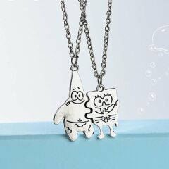 Sünger Bob ve Patrick Çift Arkadaşlık Kolye Antik Gümüş Kaplama - 60 Cm Düz Zincir