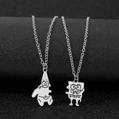 Sünger Bob ve Patrick Çift Arkadaşlık Kolye Antik Gümüş Kaplama - 60 Cm Düz Zincir
