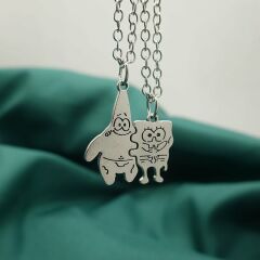 Sünger Bob ve Patrick Çift Arkadaşlık Kolye Antik Gümüş Kaplama - 60 Cm Düz Zincir