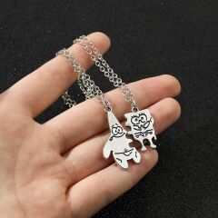 Sünger Bob ve Patrick Çift Arkadaşlık Kolye Antik Gümüş Kaplama - 60 Cm Düz Zincir