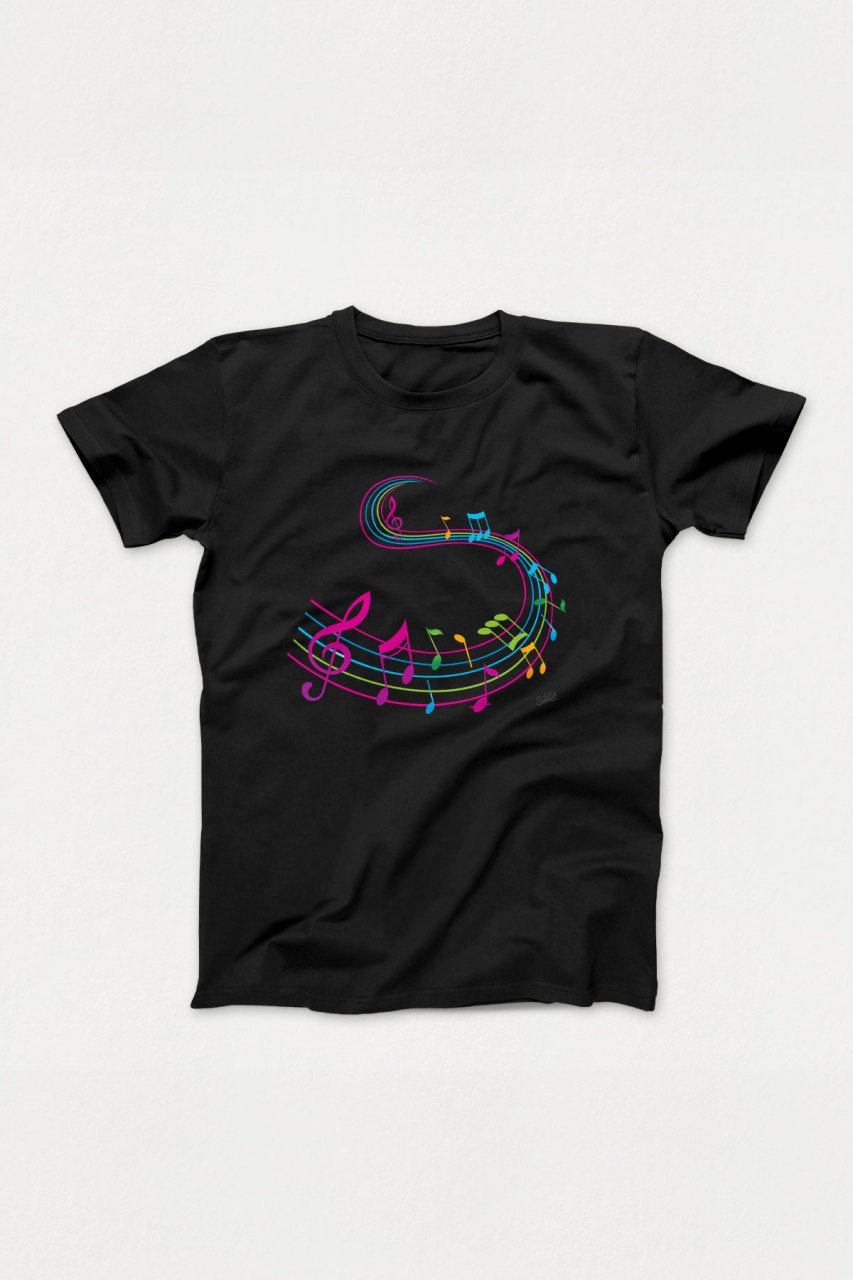Renkli Notalar Siyah Tshirt