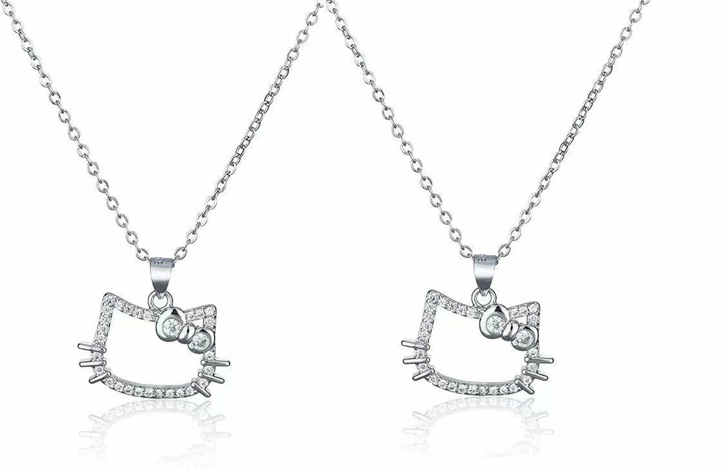 Hello Kitty Kedi Zirkon Gümüş Renk Taşlı Parlak Çift İkili Kolye