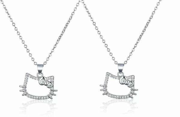 Hello Kitty Kedi Zirkon Gümüş Renk Taşlı Parlak Çift İkili Kolye