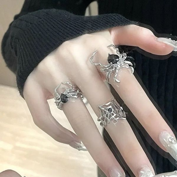 Siyah Taşlı Spider 3 lü Gotik Yüzük Seti Ayarlanabilir