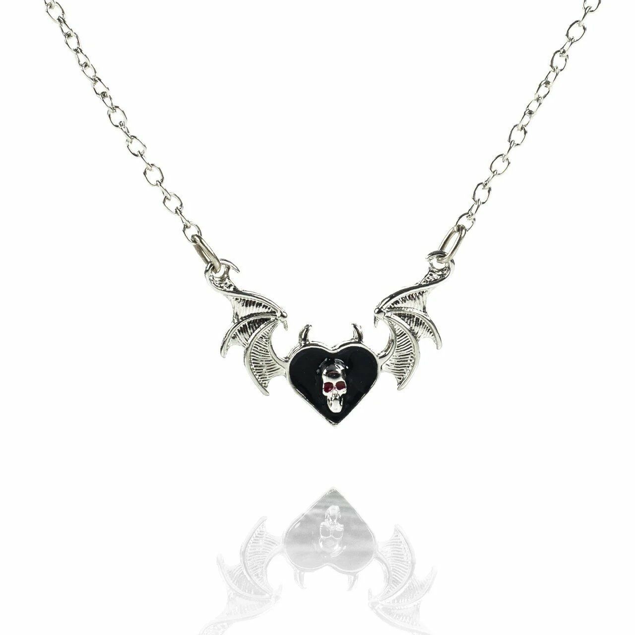 Yarasa Kanatlı Skull Heart Gotik Zincirli Kolye