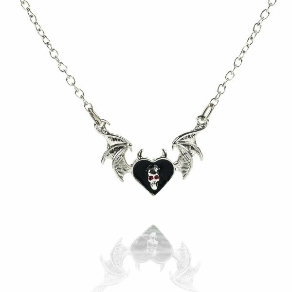Yarasa Kanatlı Skull Heart Gotik Zincirli Kolye