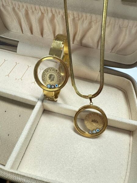 Çelik Gold Renk Figür Açılabilir Fanus Model Kadın İtalyan Zinciri Kolye Kelepçe Bileklik