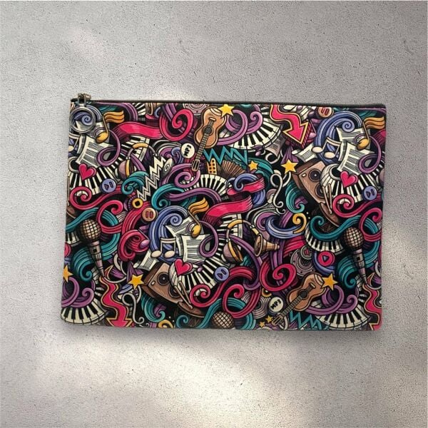 Renkli Müzik Nota Desenli Clutch Portföy Çanta