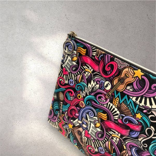 Renkli Müzik Nota Desenli Clutch Portföy Çanta