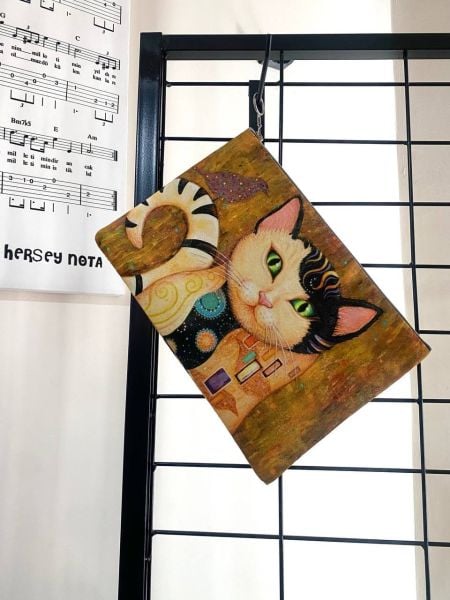 Gustave Klimt Kiss Öpücük Tablosu Kedi Uyarlaması Clutch Portföy Çanta