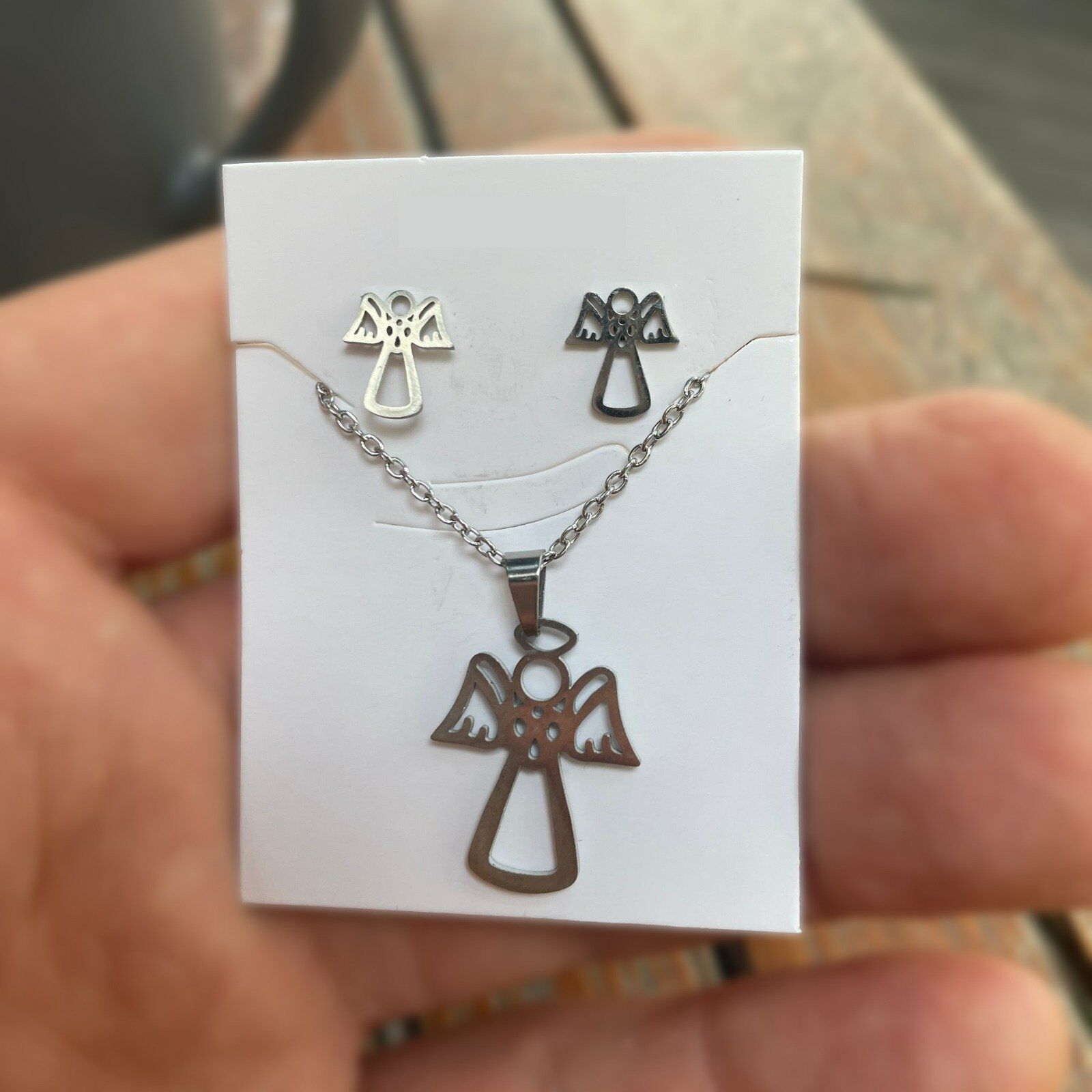 Silver Basic Angel Kolye Ve Küpe Seti