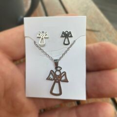 Silver Basic Angel Kolye Ve Küpe Seti