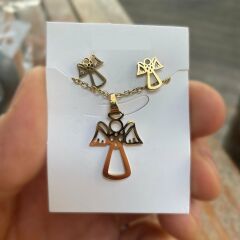 Gold Basic Angel Kolye Ve Küpe Seti