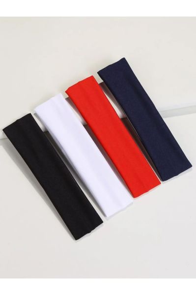 Kadın 4'li Pamuklu Siyah Beyaz Kırmızı Lacivert Esnek Bandana - Saç Bandı - Saç Tokası