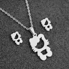 Silver Hello Kitty Silüet Kolye Ve Küpe Seti